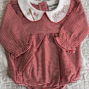 Embroidered Peter Pan Collar Girl Bubble, Striped Long Sleeve Outfit, Monogrammed Goose