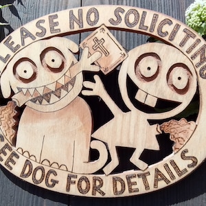 No Soliciting Sign Beware of Dog: Funny Front Door Wood Plaque
