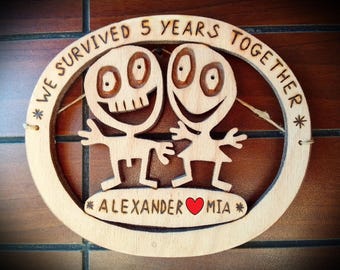 Funny 5th Wedding Anniversary Wood Sign: Personalized 5 Year Marriage Couple Gift