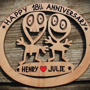 Regalo de aniversario genial, 18.° aniversario de bodas, personalizado con corazón y nombres, 18 años de familia, marido y mujer, placa de aniversario divertida