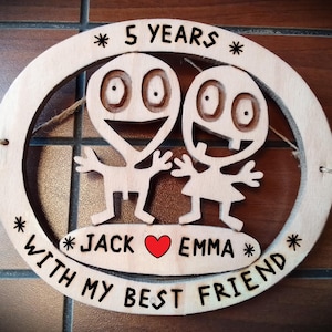 5th wedding anniversary gift 5 year together fun husband and wife Personalized wooden wedding for him & her Five years wood couple marriage