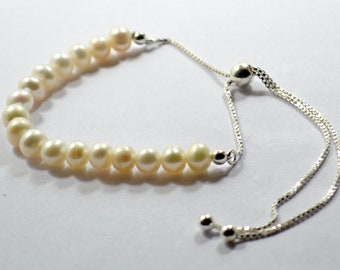 Natural Pearl Bracelet: 925 Silver Adjustable Ball Chain