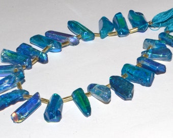 AAA Mystic Blue Crystal Quartz Stick Beads: Raw AB Coated Top Drilled Strand, 22-30 MM 8 Inch For Jewelry Making