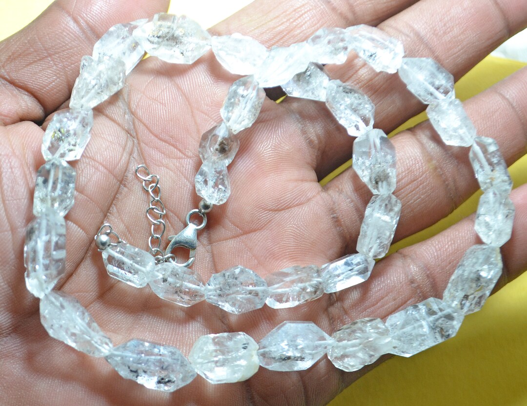 Raw Herkimer Diamond Necklace: Gemstone Nuggets, 925 Silver Lock