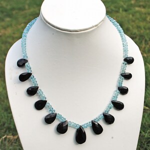 Aquamarine & Black Spinal Gemstone Necklace: Faceted 925 Silver Lock