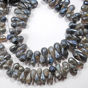 Faceted Labradorite Gemstone Beads: 8-12mm Briolette Drops, 8 Inch Strand