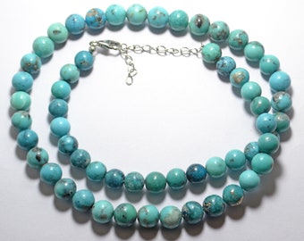AAA Turquoise Necklace: 925 Silver Lock, 7-8mm Round Smooth Beads
