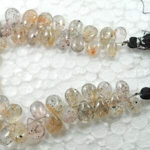 Natural Black Rutile Quartz Beads: Smooth Pear Shape, 8 Inch Strand