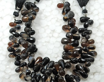 Faceted Black Agate Gemstone Beads: 9x5-12x7mm Drops, 7 Inch Strand, Handmad Jewelry Making