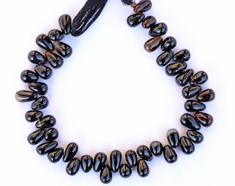 Natural Black Agate Gemstone Beads: Smooth Drops, 8 Inch Strand