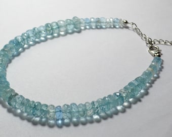 AAA Natural Aquamarine Faceted Bracelet: 925 Silver Lock, Roundel Beads