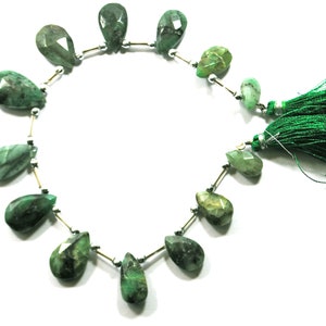 Natural Emerald Gemstone Beads: Faceted Pear Briolettes, 8 Inch Strand