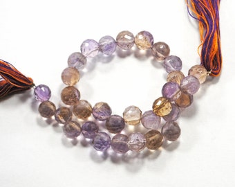 Faceted Ametrine Gemstone Beads: 7mm Round, 8 Inch Strand