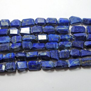 May include: A strand of dark blue lapis lazuli beads, each bead is faceted and has a rectangular shape.