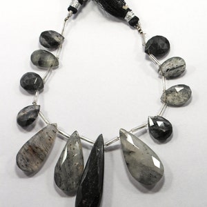 AAA Black Rutile Quartz Gemstone Beads: Faceted Pear Briolettes, 7 Inch Strand