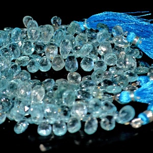 Così bello~~QUALITÀ AAAA+~~Perline di acquamarina blu naturale sfaccettata a forma di pera da 8 pollici, dimensioni 9-12 mm, perline di pietra preziosa forate lateralmente