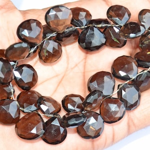 Faceted Smokey Quartz Heart Beads: AAA Grade, 7 Inch Strand