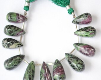 Cuentas de gema de rubí zoisita natural: gotas lisas, para la elaboración de joyas hechas a mano (11 piezas)