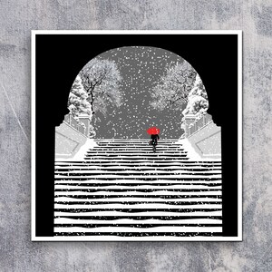 May include: A black and white illustration of a snowy staircase leading up to an archway. The staircase is covered in snow and the archway is framed by trees. A person with a red umbrella walks up the stairs.