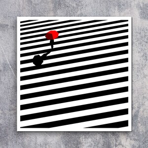 May include: Abstract black and white striped pattern with a red circle in the upper left corner.