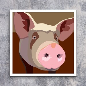 May include: A close-up of a pig's face. The pig has a pink snout and large ears. The background is a brown and tan color.