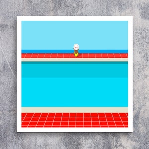 May include: A minimalist illustration of a person in a white hat and yellow swimsuit relaxing in a blue swimming pool with red tile edging.