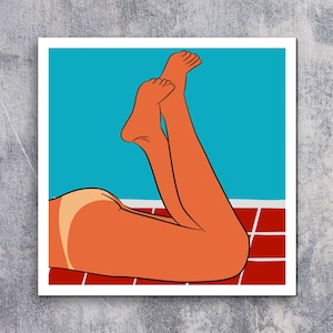 May include: A digital illustration of a person's legs and torso, with the person lying on a red and white tiled surface. The person's skin is orange and the background is blue.