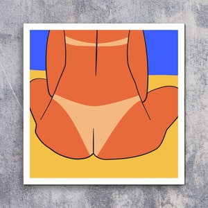 May include: A digital illustration of a person wearing a simple orange bikini on a yellow background.