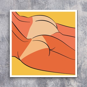 May include: A digital illustration of a person's back and legs in a peachy orange color, with a yellow background.