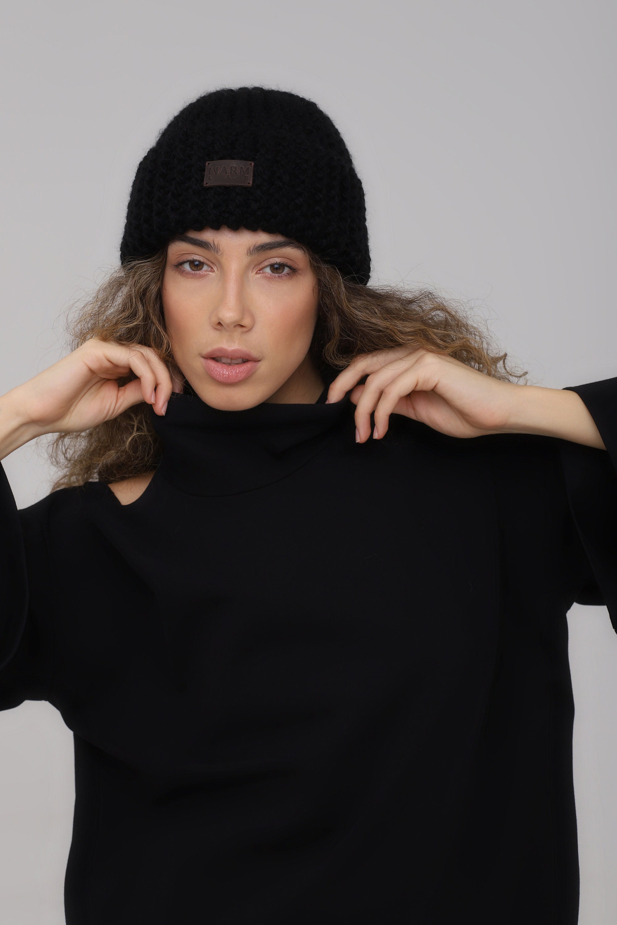 Black Knit Hat Wool Acrylic Soft Beanie Etsy