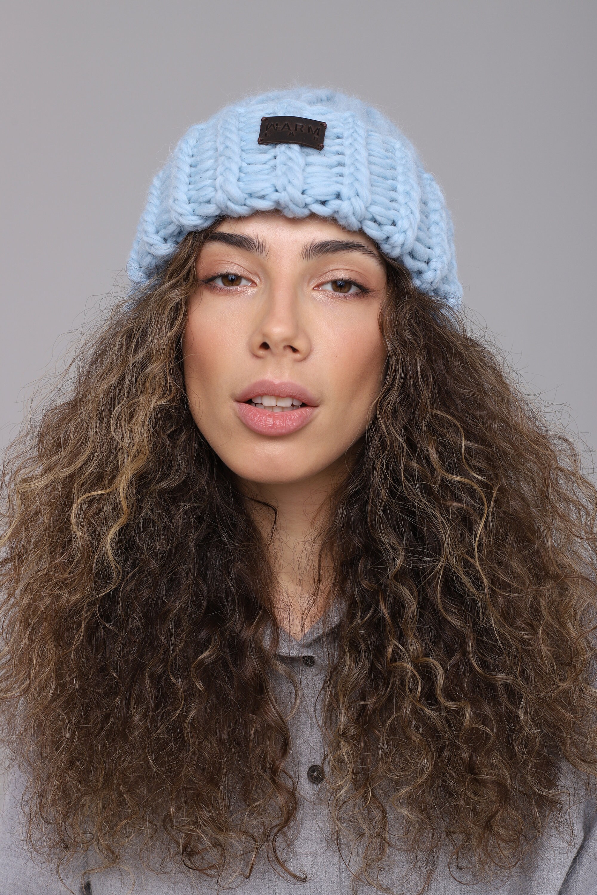 Knit hat light blue natural wool for women Etsy