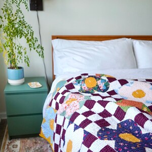 Poppin Posies Throw Quilt: Handmade cotton throw- 54” square- Retro checkerboard quilt- Heather Ross, Rifle paper co., Modern Quilt