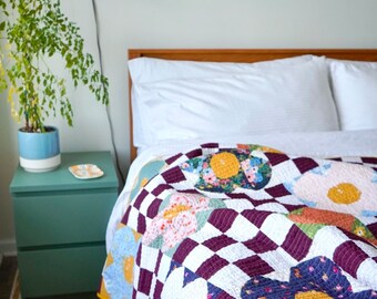 Poppin Posies Throw Quilt: Handmade cotton throw- 54” square- Retro checkerboard quilt- Heather Ross, Rifle paper co., Modern Quilt