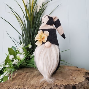 New! Spring Striped Gnome, Grey and Beige Gnome , Flower Gnome, Tiered Tray Decor, Farmhouse Decor, Mantel Decor, Fall Gnome