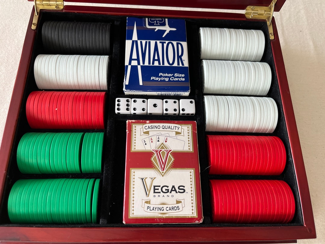 Vintage Poker Chip Wooden Box With Chips, Dice and Cards. Everything is Included . Felt Lining