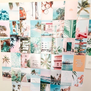 Puede incluir: Un collage de fotos en una pared que presenta destinos tropicales, palmeras, playas y escenas del oc&eacute;ano. Las fotos est&aacute;n dispuestas en una cuadr&iacute;cula y incluyen texto como "Life's Better at the Beach" y "Girls Just Wanna Have Sun".