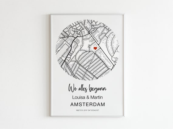 Personalisiertes Poster - Wo alles begann, Geschenk für Ihn, Jubiläum, Hochzeitstag, Liebesanlass, Stadtplan mit Namen, Liebesgeschenk.
