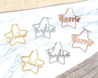 Custom Name Star Hoop Earrings in Gold Silver Rose Gold 30-70mm • Personalized Star Earrings • Star Jewelry • Personalized Earrings