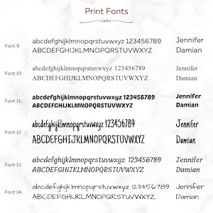 May include: A graphic showing different font styles for the letters of the alphabet and numbers 1 through 9. The fonts are labeled with the font size, from Font 9 to Font 14. The names Jennifer and Damian are also shown in each font style.