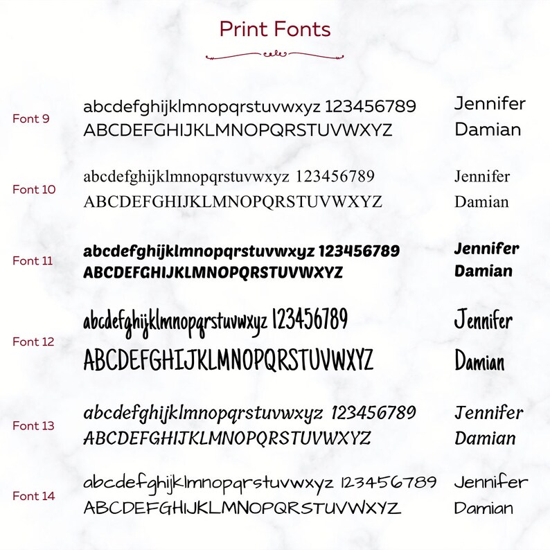 May include: A graphic showing different font styles for the letters of the alphabet and numbers 1 through 9. The fonts are labeled with the font size, from Font 9 to Font 14. The names Jennifer and Damian are also shown in each font style.