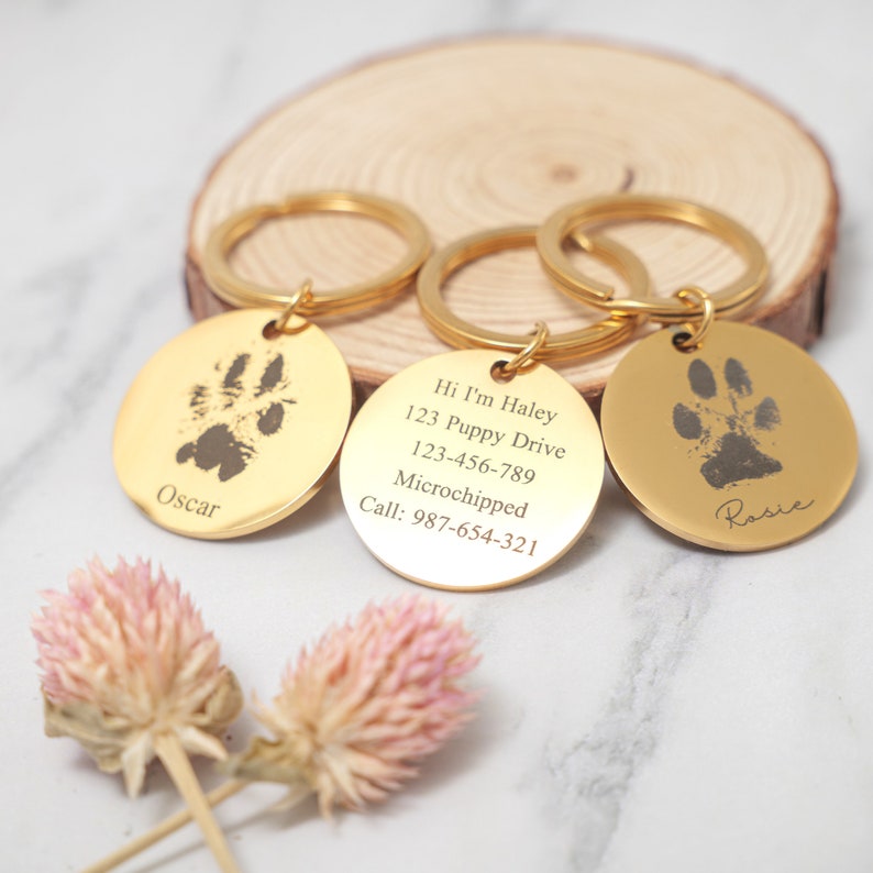 May include: Three gold-colored dog tag keychains with engraved paw prints and contact information. The keychains read "Oscar", "Hi I'm Haley 123 Puppy Drive 123-456-789 Microchipped Call: 987-654-321", and "Rosie".