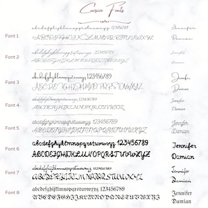 May include: A digital image showing eight different cursive fonts with the alphabet, numbers, and the words "Jennifer" and "Damian" written in each font.