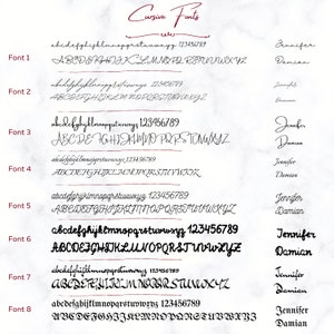 May include: A digital image showing eight different cursive fonts, with the words "Jennifer" and "Damian" written in each font. The fonts are labeled "Font 1" through "Font 8". The image also includes the words "Cursive Fonts" and "cales" at the top.