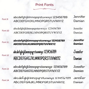 May include: A graphic showing different font styles for the letters of the alphabet and numbers 1 through 9. The fonts are labeled with the font size, from Font 9 to Font 14. The names Jennifer and Damian are also shown in each font style.