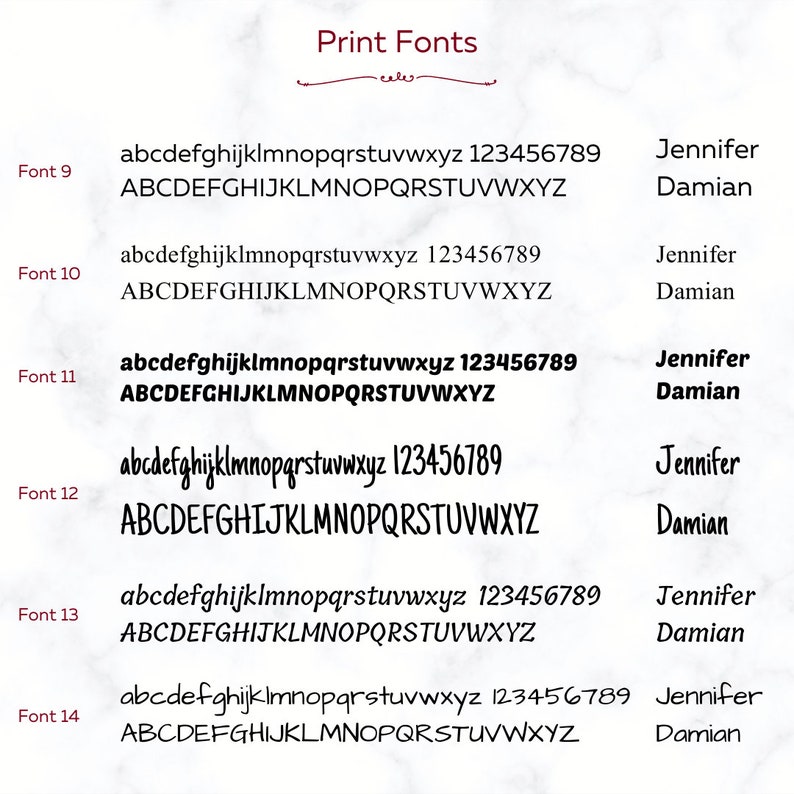 May include: A graphic showing different font styles for the letters of the alphabet and numbers 1 through 9. The fonts are labeled with the font size, from Font 9 to Font 14. The names Jennifer and Damian are also shown in each font style.