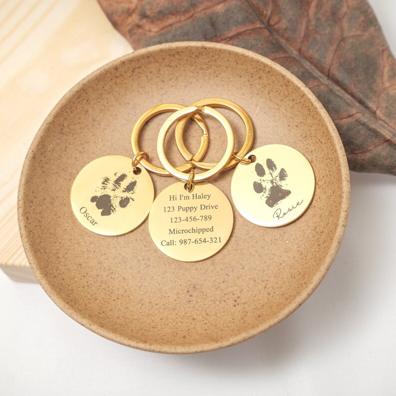 May include: Gold-toned dog tag keychains with paw print designs. The keychain with the larger tag reads "Hi I'm Haley, 123 Puppy Drive, 123-456-789, Microchipped, Call: 987-654-321". The other two tags read "Oscar" and "Rosie".