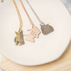May include: Three silver necklaces with personalized cat photo pendants. The pendants are in the shape of a cat, a heart, and a paw print. The necklaces are on a white surface.