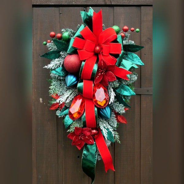 Luxury Christmas door swag jewelled traditional emerald and red Christmas decorations
