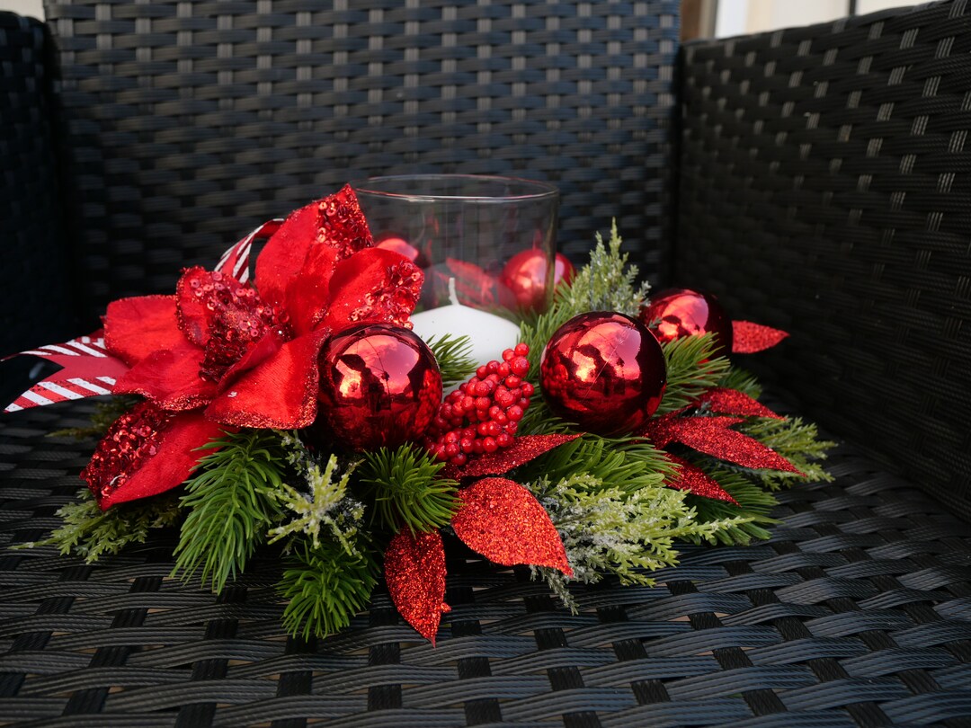 Red Christmas Candle Table Centerpiece Floral Arrangement Etsy UK
