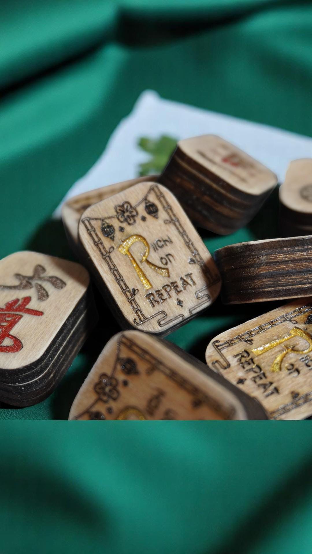Riichi Ron Repeat - Handcrafted Custom Engraved Wooden Mahjong